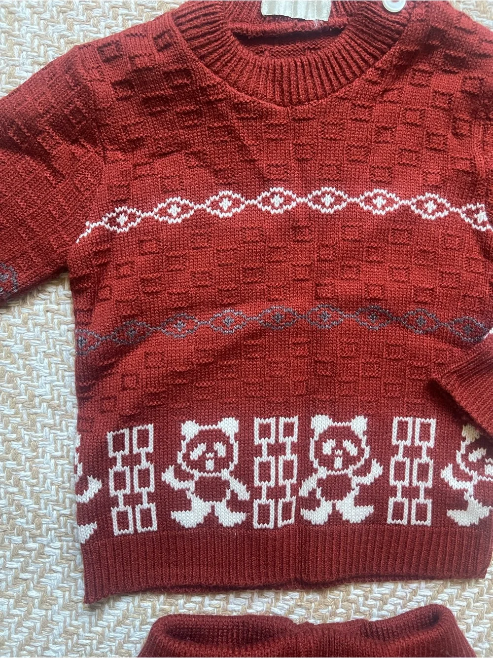 Vintage Knit Baby Set Sweater Pants Novelty Panda Bear Fair Isle